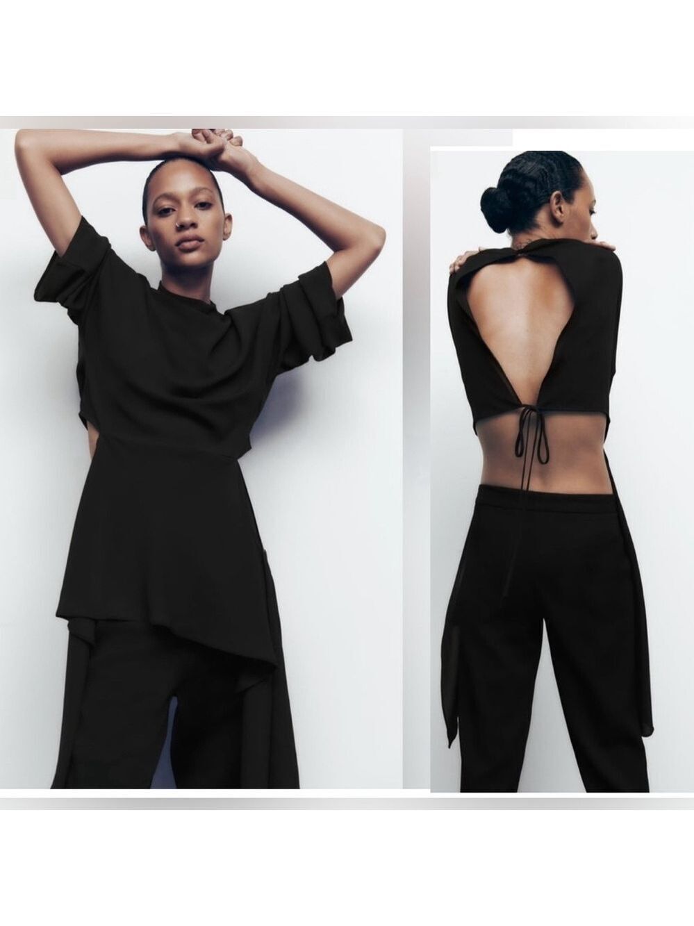 Zara Black Asymmetric Flowing Cut Out Open Back Blouse Top Tie Back NWOT